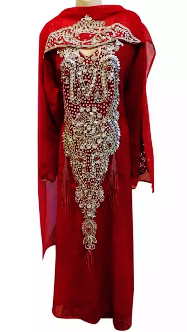 Maroon Embroidered Georgette Stitched Islamic Kaftan