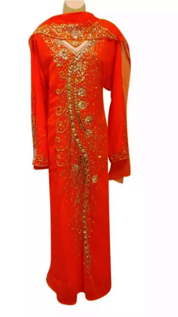 Orange Embroidered Georgette Stitched Islamic Kaftan