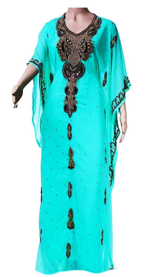 Turquoise Embroidered Georgette Stitched Islamic Kaftan