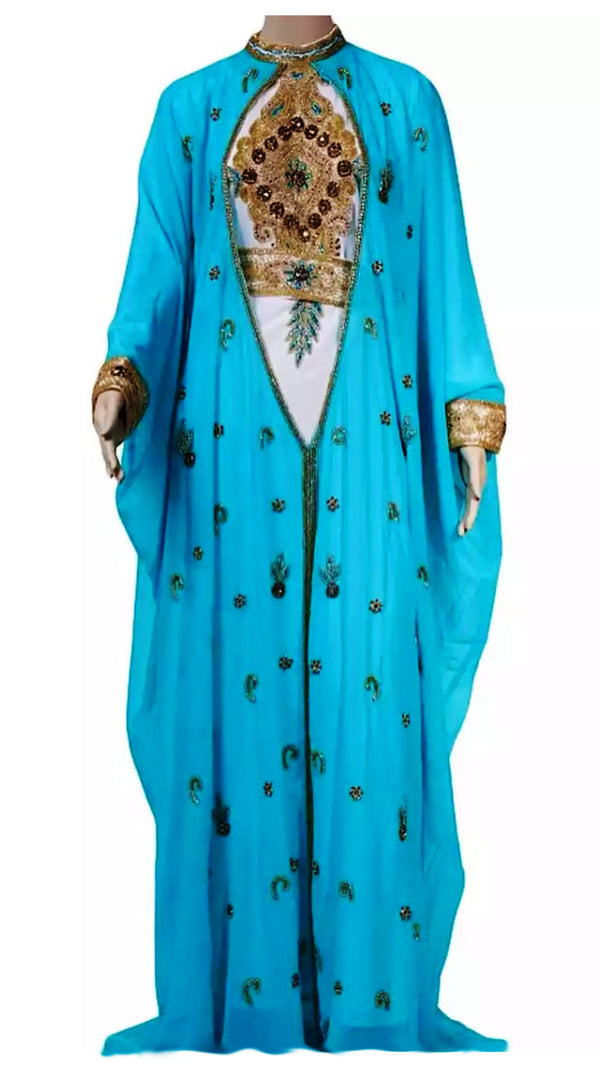 Firozi And White Embroidered Georgette Stitched Islamic Kaftan