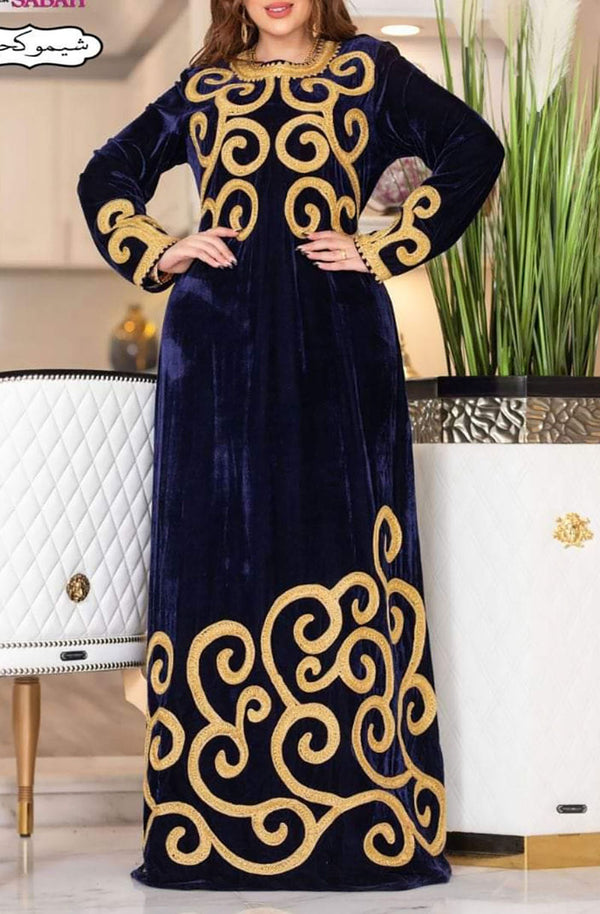 Navy Blue Velvet Moroccan Dubai Kaftans Farasha Abaya Very Fancy Long Gown Aari Wedding Dress