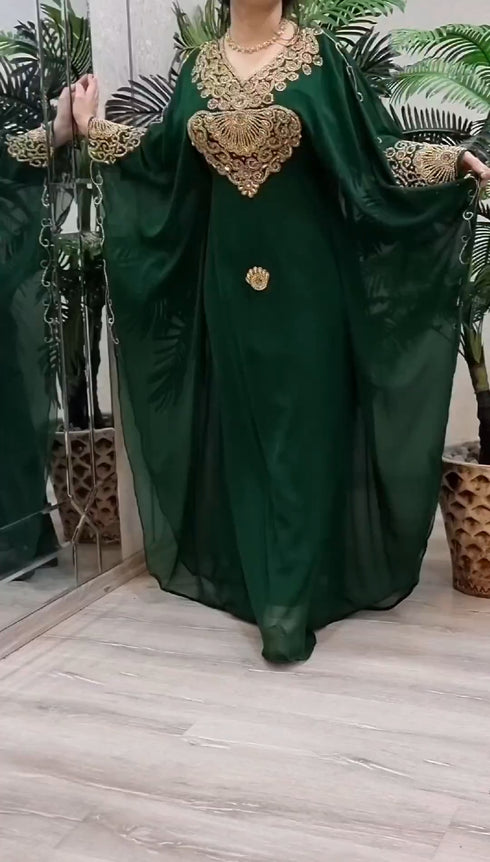 Dark Green Georgette Kaftan with Green Stone and Zari Emboidery