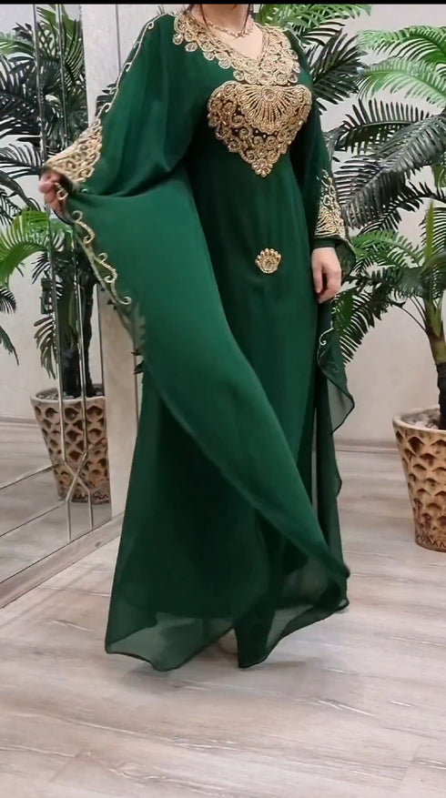Dark Green Georgette Kaftan with Green Stone and Zari Emboidery