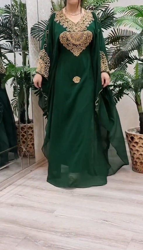 Dark Green Georgette Kaftan with Green Stone and Zari Emboidery