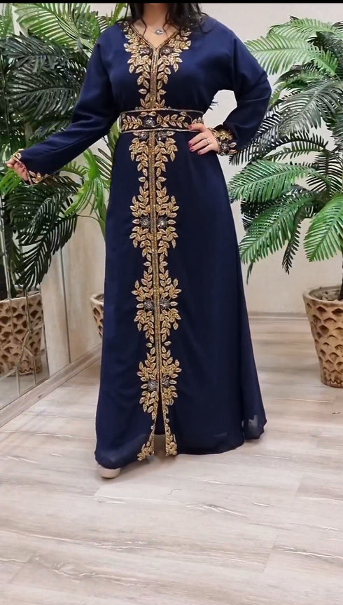 Navy Blue Georgette Beads and Stone Work Kaftan