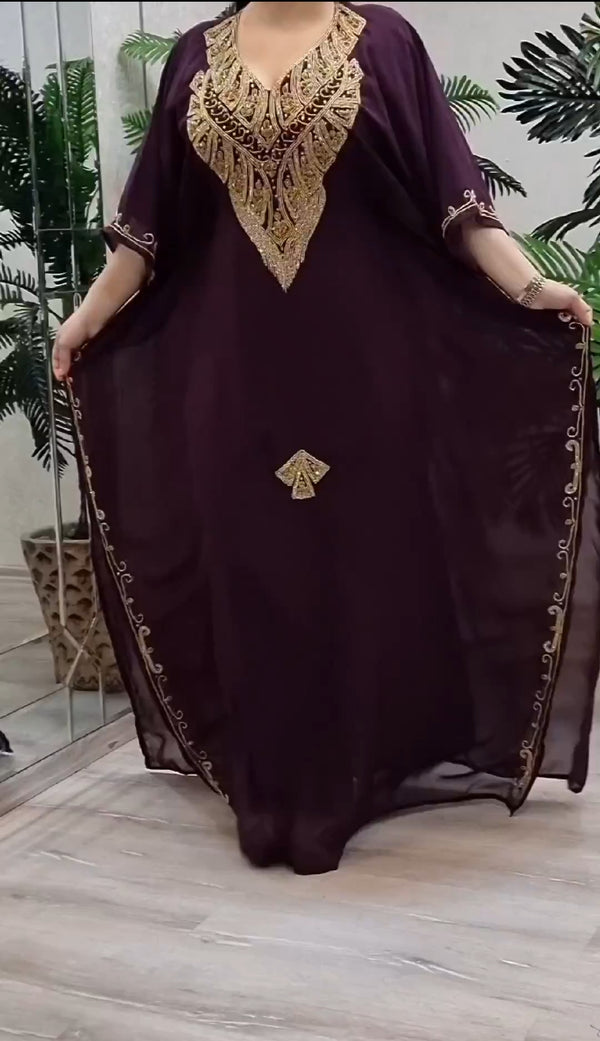 wine Zari Stone Work Georgette Islamic Style Beads Embedded Partywear Kaftan Long Gown Evening wear Dubai kaftan