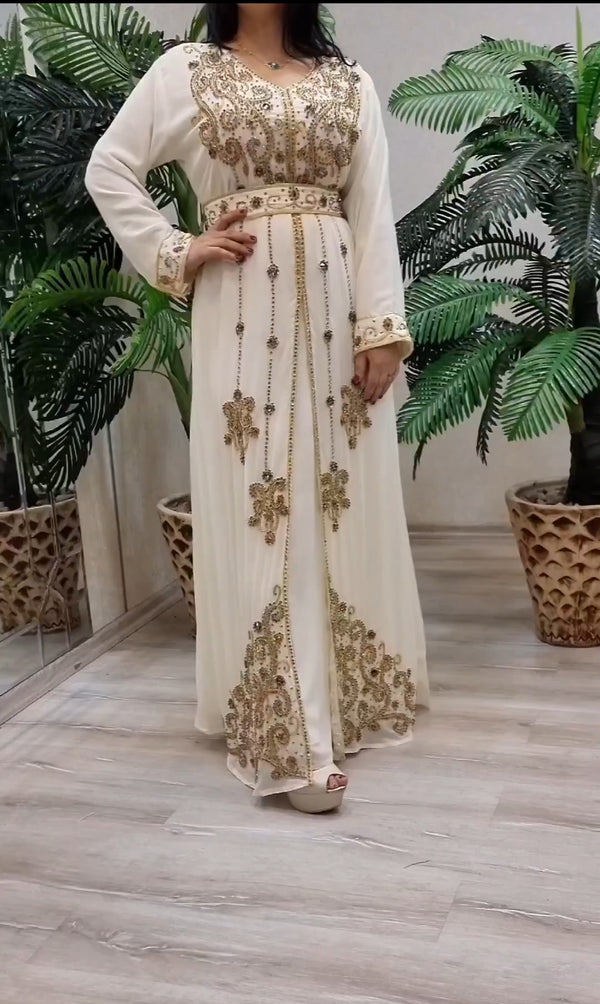 OFF WHITE ZARI STONE WORK GEORGETTE ISLAMIC STYLE BEADS EMBEDDED PARTYWEAR KAFTAN LONG GOWN EVENING WEAR DUBAI KAFTAN