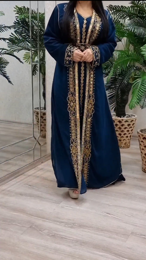 Blue Georgette Beads and Zari Work Wedding Kaftan Dress