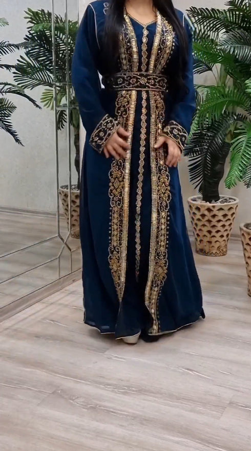 Blue Georgette Beads and Zari Work Wedding Kaftan Dress