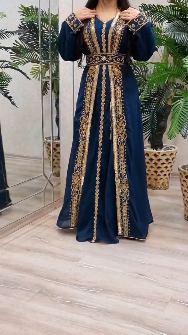 Blue Georgette Beads and Zari Work Wedding Kaftan Dress