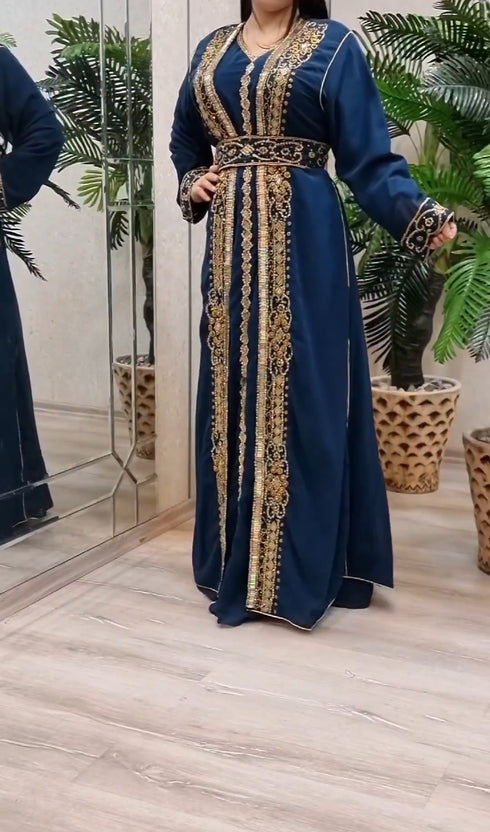 Blue Georgette Beads and Zari Work Wedding Kaftan Dress