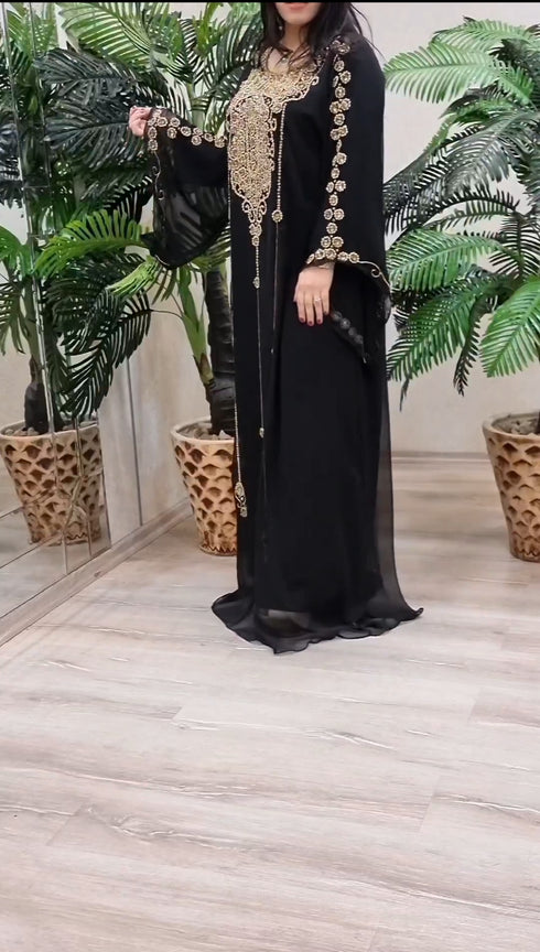 Black Georgette Kaftan Dress with Gold Handwork Embroidery