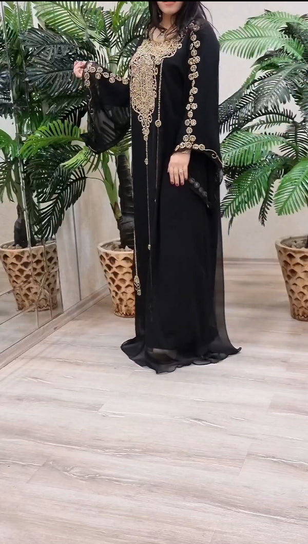Black Georgette Kaftan Dress with Gold Handwork Embroidery