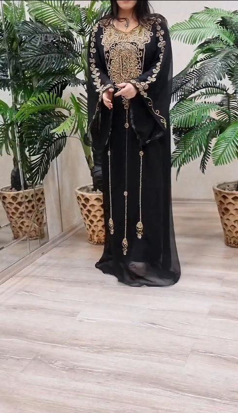 Black Georgette Kaftan Dress with Gold Handwork Embroidery