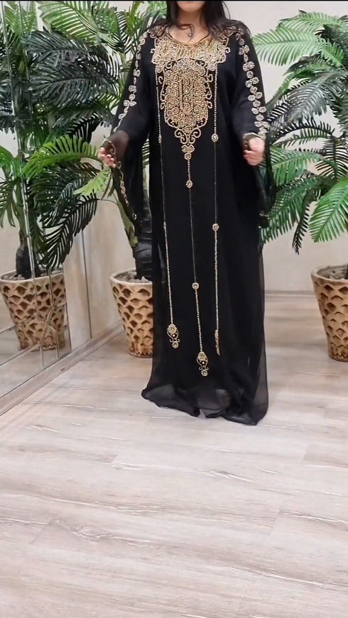Black Georgette Kaftan Dress with Gold Handwork Embroidery