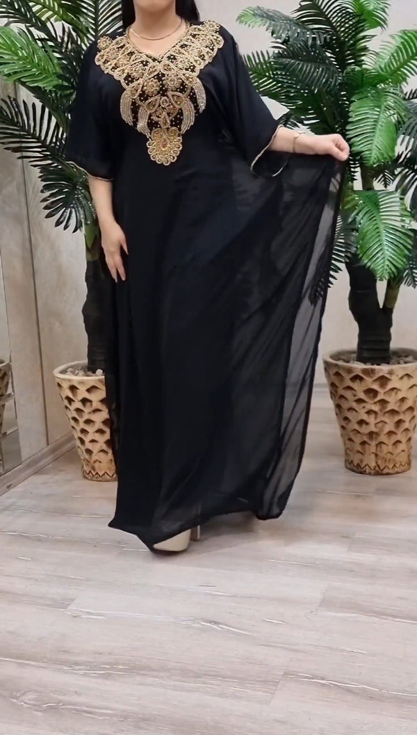 black Zari Stone Work Georgette Islamic Style Beads Embedded Partywear Kaftan Long Gown Evening wear Dubai kaftan