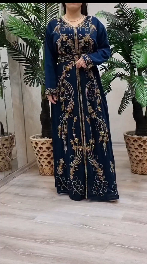 Kaftan Dress in Navy Georgette Embroidered
