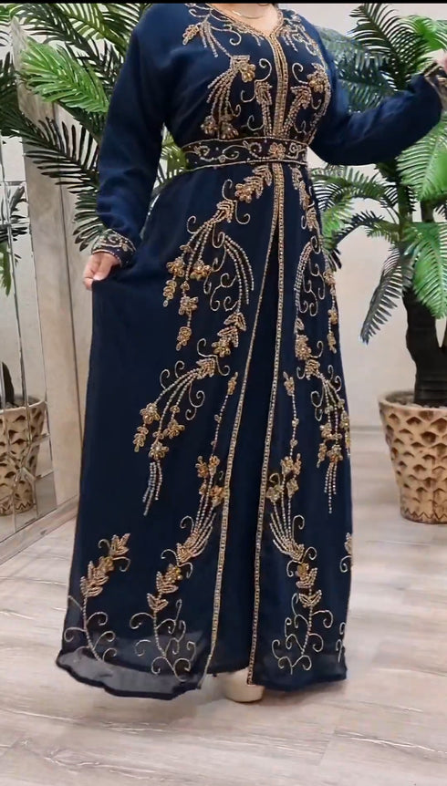 Kaftan Dress in Navy Georgette Embroidered