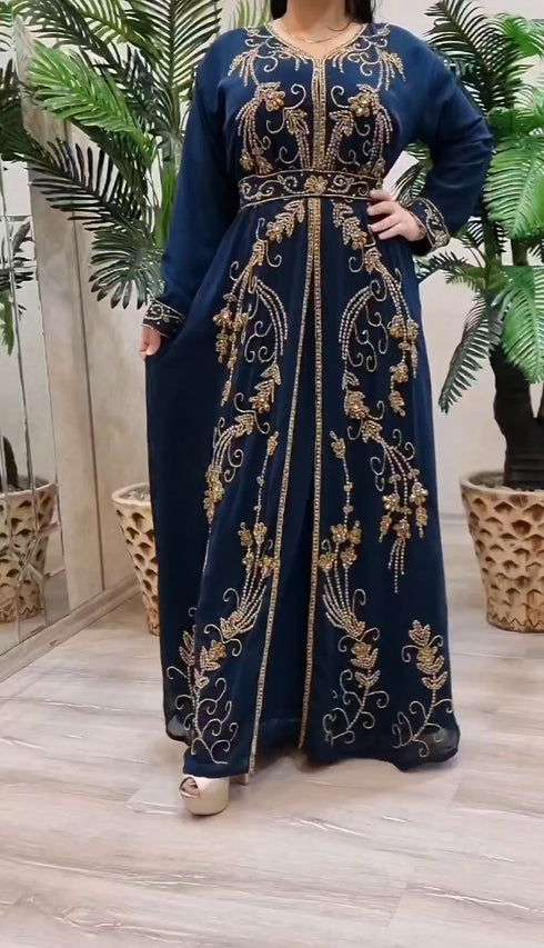 Kaftan Dress in Navy Georgette Embroidered