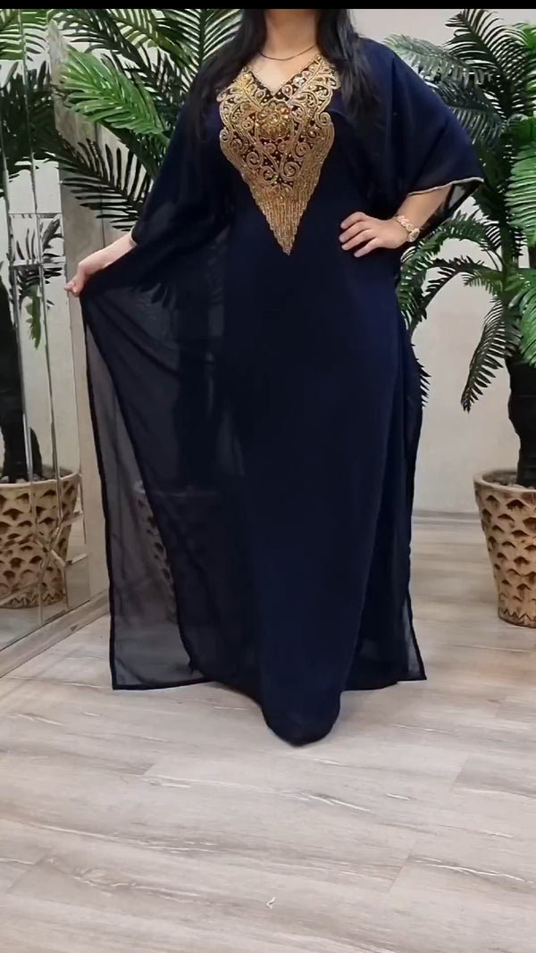 Navy Blue Zari Stone Work Georgette Islamic Style Beads Embedded Partywear Kaftan Long Gown Evening wear Dubai kaftan