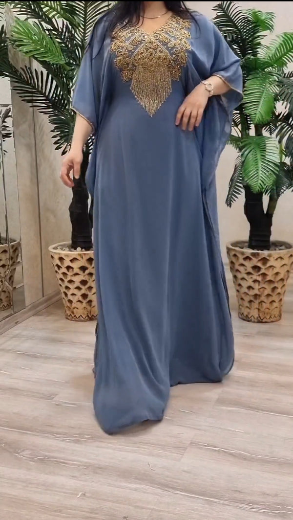 Grey Zari Stone Work Georgette Islamic Style Beads Embedded Partywear Kaftan Long Gown Evening wear Dubai kaftan