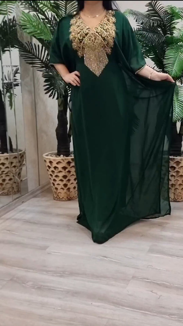 Green Zari Stone Work Georgette Islamic Style Beads Embedded Partywear Kaftan Long Gown Evening wear Dubai kaftan