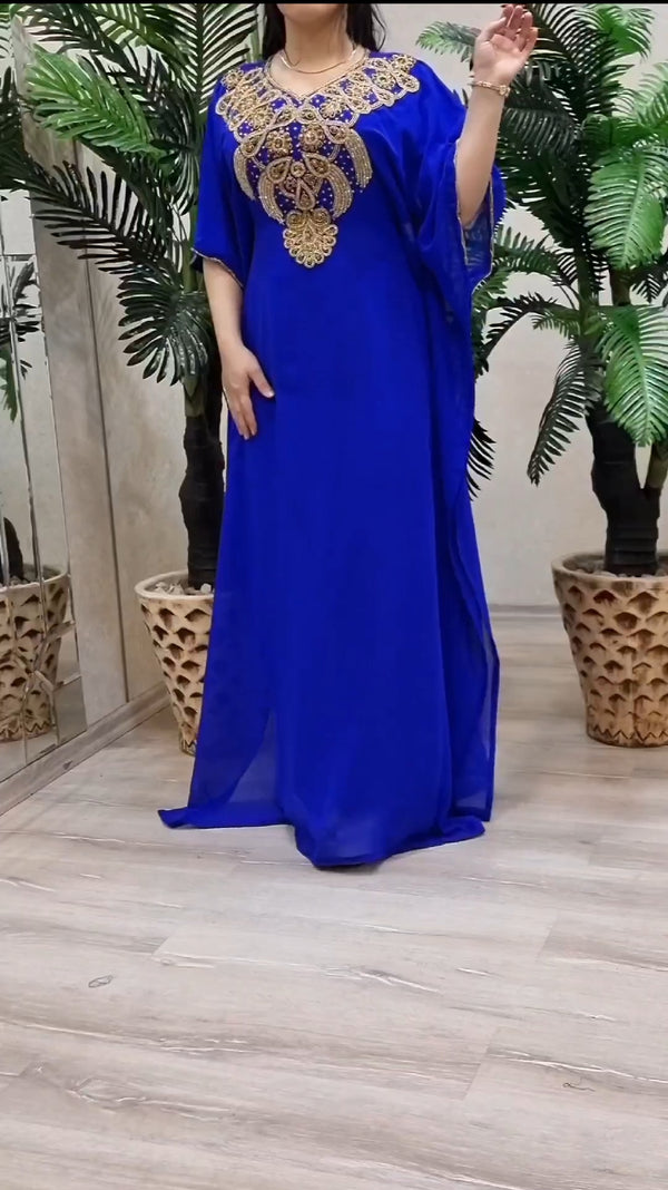 Blue Zari Stone Work Georgette Islamic Style Beads Embedded Partywear Kaftan Long Gown Evening wear Dubai kaftan