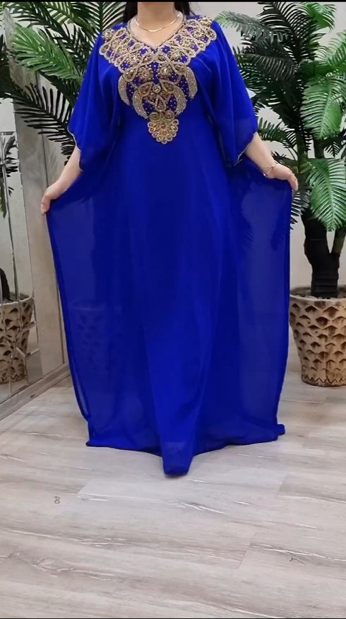 Blue Zari Stone Work Georgette Islamic Style Beads Embedded Partywear Kaftan Long Gown Evening wear Dubai kaftan