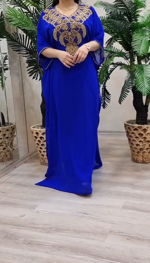 Blue Zari Stone Work Georgette Islamic Style Beads Embedded Partywear Kaftan Long Gown Evening wear Dubai kaftan