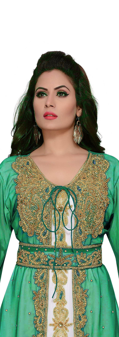 Sea-Green & white color luxurious Handmade Moroccan Kaftan with hijab