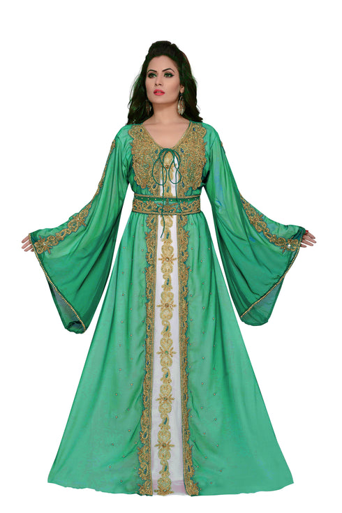 Sea-Green & white color luxurious Handmade Moroccan Kaftan with hijab