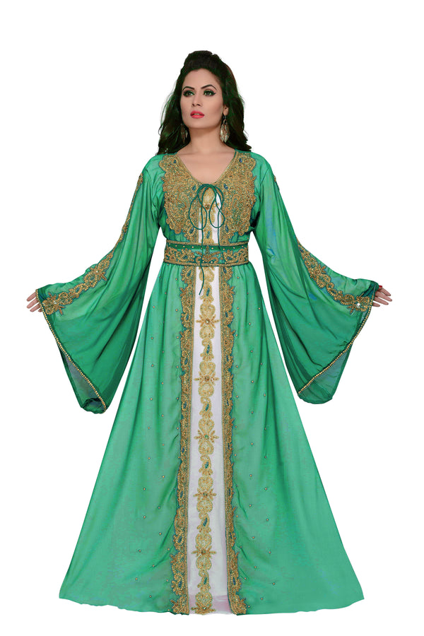 Sea-Green & white color luxurious Handmade Moroccan Kaftan with hijab