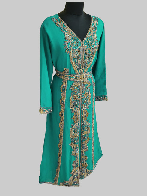 Sea Green color luxurious Full Sleeves Handmade Moroccan Kaftan.