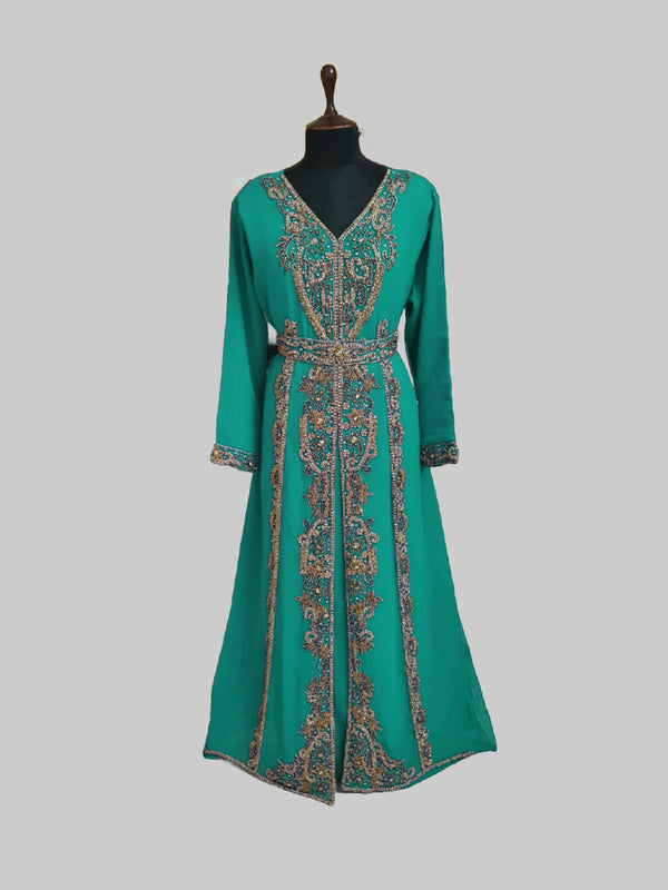 Sea Green color luxurious Full Sleeves Handmade Moroccan Kaftan.