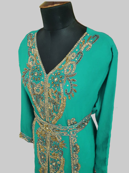 Sea Green color luxurious Full Sleeves Handmade Moroccan Kaftan.