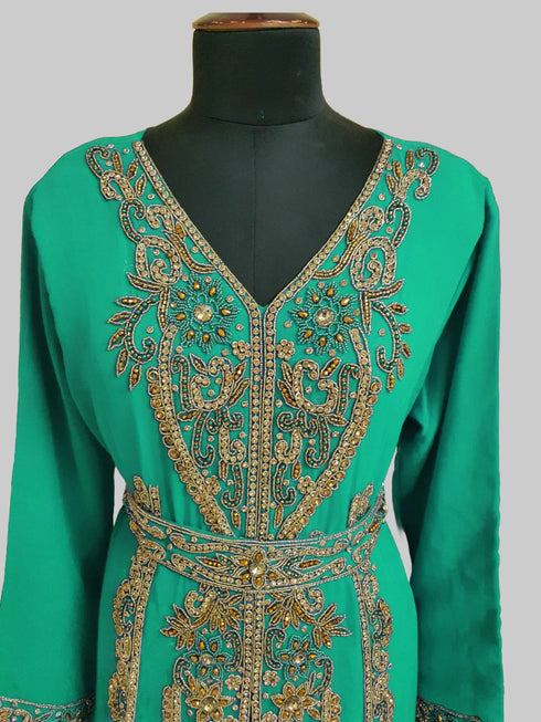 Sea Green color luxurious Full Sleeves Handmade Moroccan Kaftan.