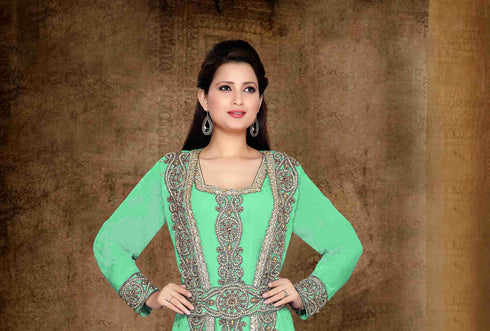 Sea-Green color luxurious Full Sleeves Handmade Moroccan Kaftan with hijab