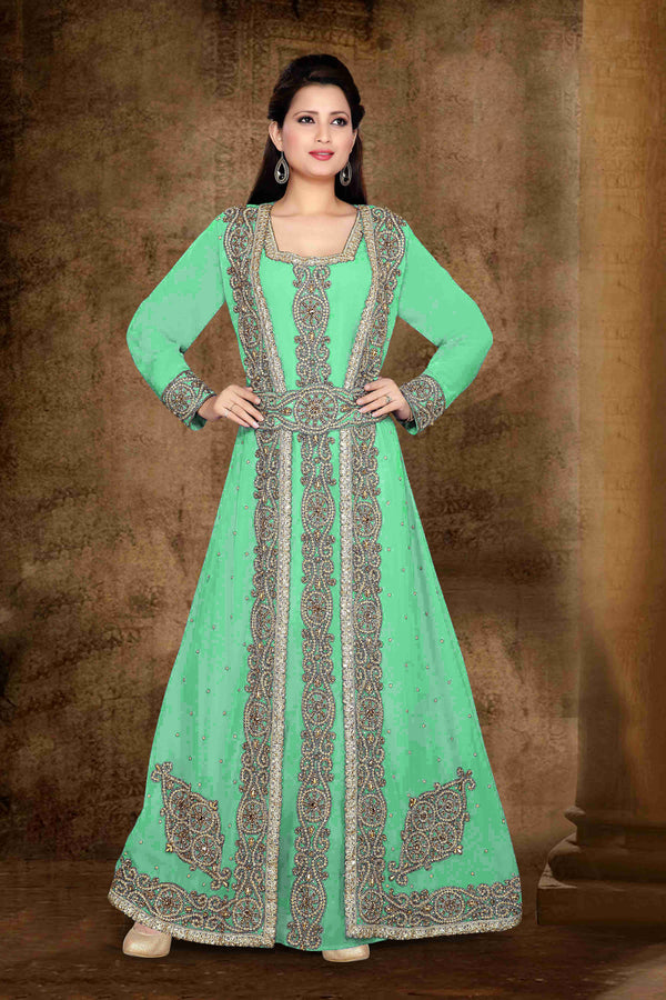 Sea-Green color luxurious Full Sleeves Handmade Moroccan Kaftan with hijab