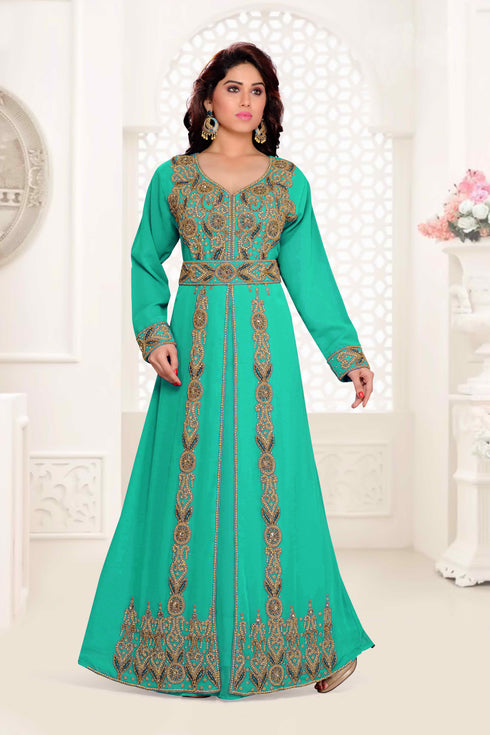 Sea-Green color luxurious Full Sleeves Handmade Moroccan Kaftan .