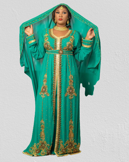 Teal Green Zari Stone Work Georgette Islamic Style Beads Embedded Partywear Kaftan Long Gown Evening wear Dubai kaftan