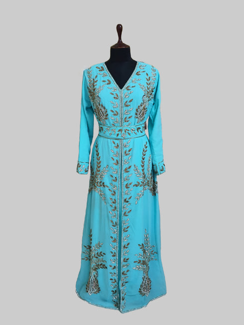 Cyan color luxurious Full Sleeves Handmade Moroccan Kaftan.