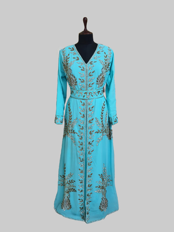 Cyan color luxurious Full Sleeves Handmade Moroccan Kaftan.