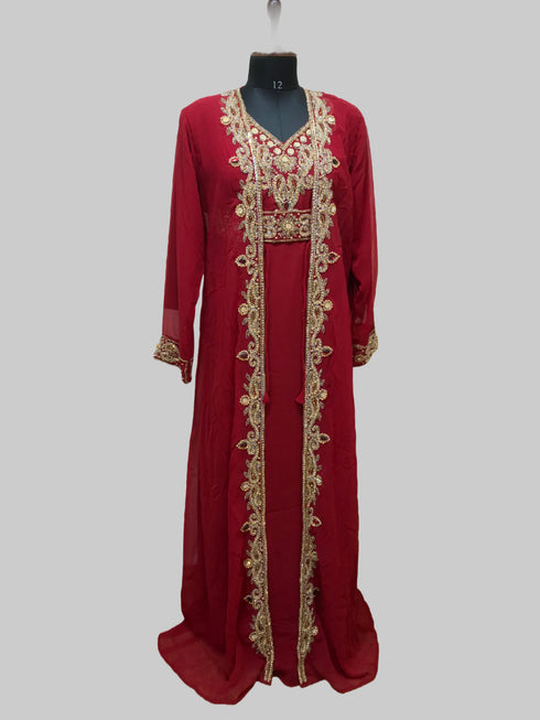 Maroon color luxurious Full Sleeves Handmade Two-Piece Jacket Style Moroccan Kaftan.