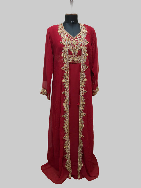 Maroon color luxurious Full Sleeves Handmade Two-Piece Jacket Style Moroccan Kaftan.