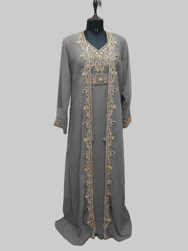 Gray color luxurious Full Sleeves Handmade Two Piece Jacket Style Moroccan Kaftan.