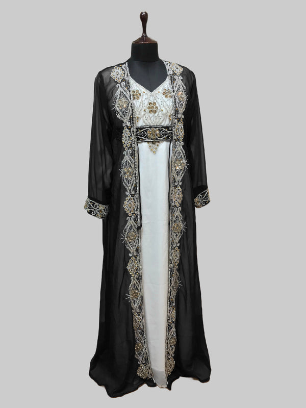 Black & White color luxurious Full Sleeves Handmade Two Piece Jacket Style Moroccan Kaftan.