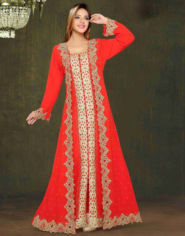 Red Zari & Lace Work Stitched Georgette Kaftan Wedding Dress