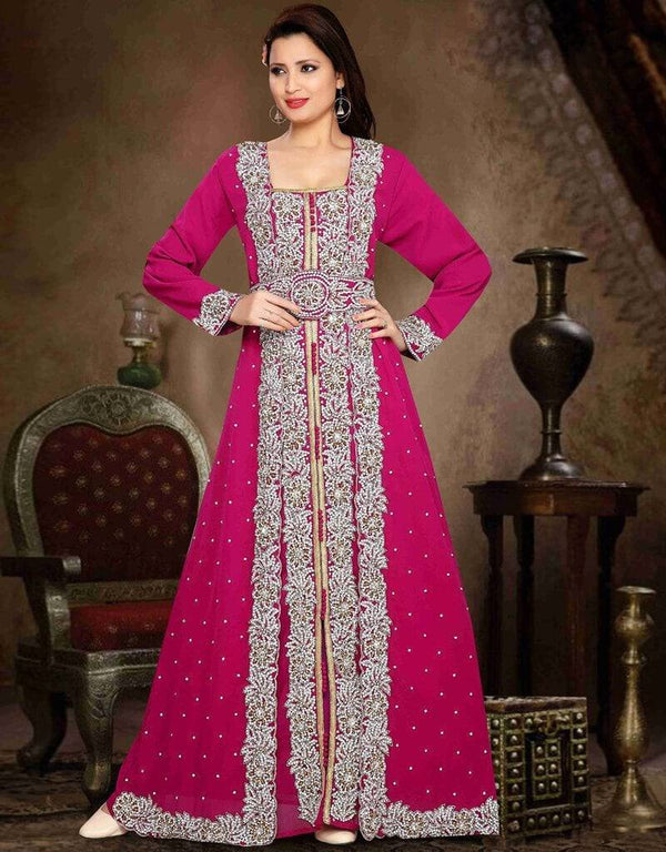 Magenta Gown Style Kaftan Dress With Embroidery