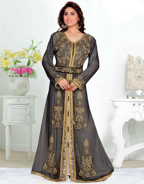 Grey-White Zari & Stone Work Stitched Satan Kaftan Wedding Dress