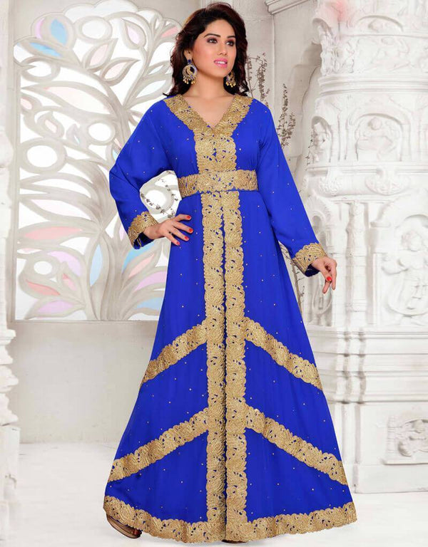 Blue Aari & Stone Work Stitched Georgette Kaftan Wedding Dress